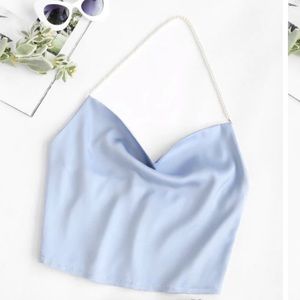 Silk backless halter crop top w/ pearls.